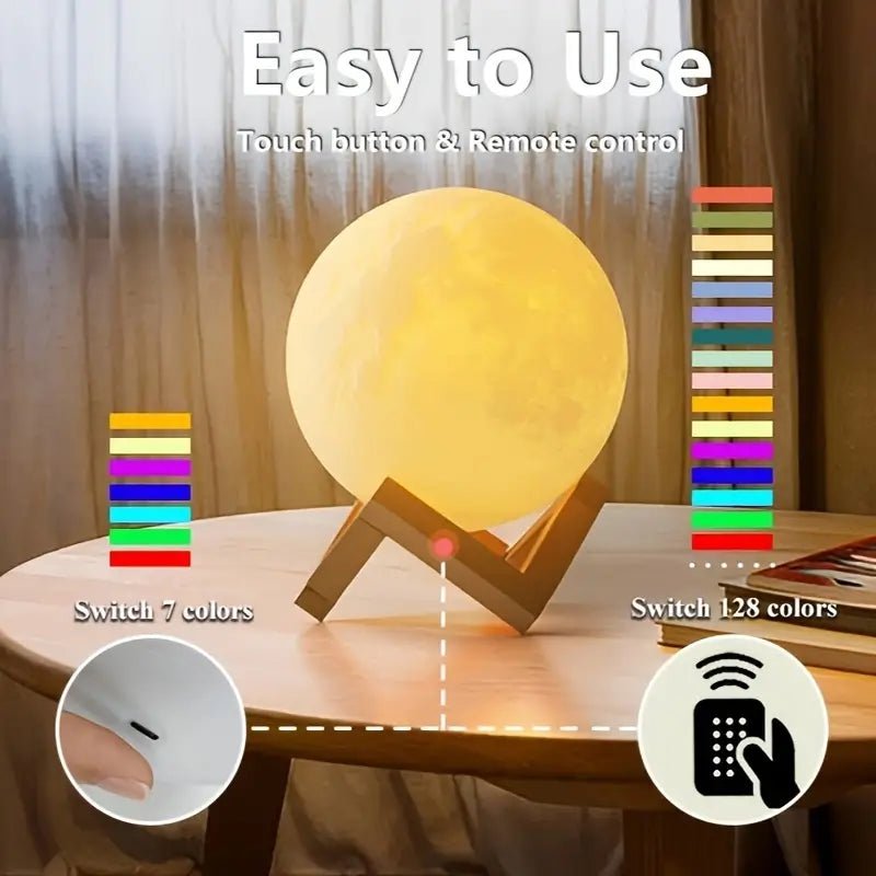 Homa 3D Moon Lamp 7 Colour 15 cm Changeable Sensor for Bedroom, Touch Moonlight Lamp with Stand & USB for Bedside - Homa Bazaar